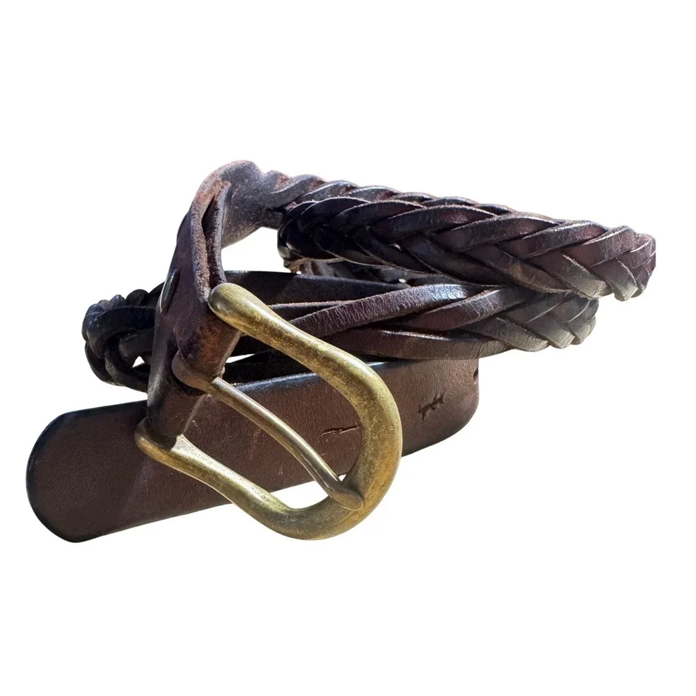 Vintage Dark Brown Braided Leather Belt Brass Buckle Boho Western Rustic LG